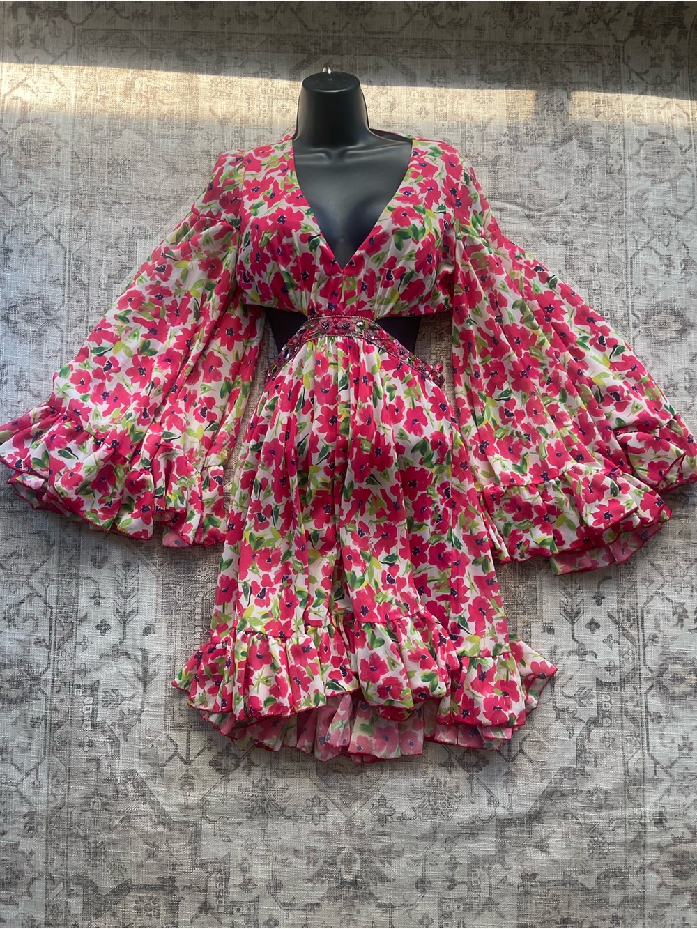 Mac Duggal Pink Floral V-Neck Leena Coquette Dress with Bell Sleeves